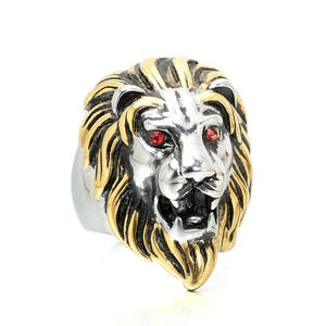 Men's vintage lion head ring with gold and silver finish and red zircon eyes
