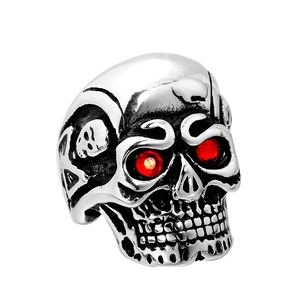 Gothic stainless steel skull ring for men with red eye gemstones and vintage finish