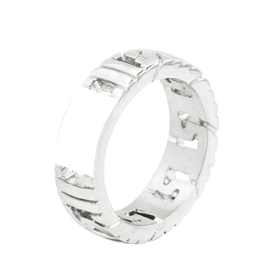 Men's retro stainless steel chain ring featuring geometric industrial gear design patterns