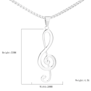 Punk rock music note pendant necklace in stainless steel with detailed dimensions