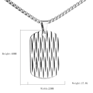 Men's silver rectangular military tag pendant with geometric wave pattern and box chain