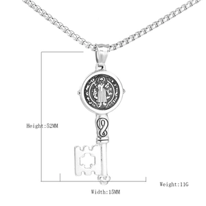Vintage stainless steel key pendant necklace with medallion and cross details, 52mm