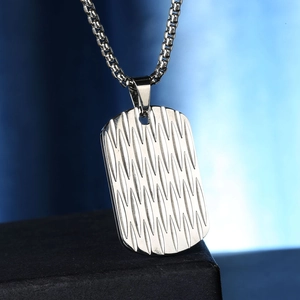Men's silver steel dog tag necklace with unique 3D water wave texture and box chain