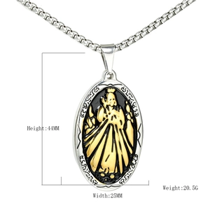 Virgin Mary oval pendant necklace in stainless steel with silver, gold and black finish