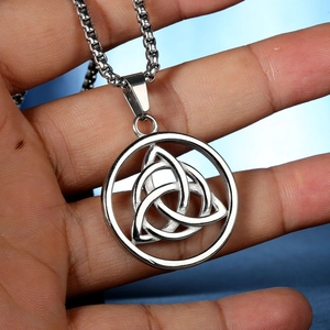 Silver stainless steel Celtic Triquetra pendant necklace with round circle and box chain
