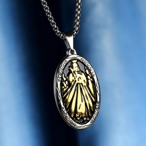 Retro stainless steel Virgin Mary oval pendant necklace with gold relief on a box chain