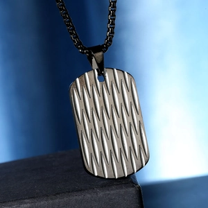 Men's titanium steel military dog tag pendant with geometric wave pattern and black chain