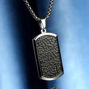 Men's silver steel dog tag necklace with black hammered inlay and zircon stones