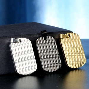 Three men's titanium steel army tags with wave textures in silver, gold, and black colors