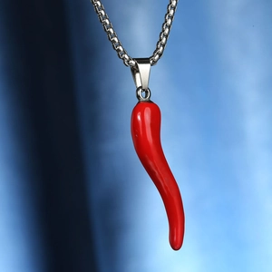 Polished red chili pepper pendant on silver bead chain necklace for men and women