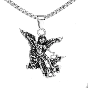 Vintage Silber St. Michael Erzengel Anhänger Halskette mit Edelstahl Box Kette