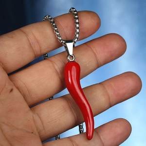 Creative red chili pepper pendant necklace with polished silver steel pearl chain for women
