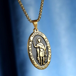 Pendentif Religieux Ovale En Acier Inoxydable Avec Relief Madone Médaillon Vintage Or Argent Bordure Clé Grecque