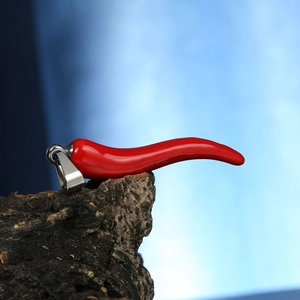 Macro shot of vibrant red chili pendant with silver metal clasp on dark bark base