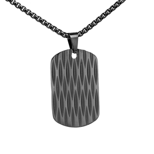 Men's matte black dog tag necklace with geometric diamond texture on box chain