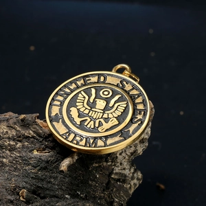 Golden titanium steel United States Army eagle pendant necklace with embossed details