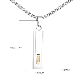 Polished titanium steel pillar pendant necklace with rose gold inlay and clear stones