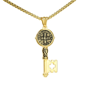 Vintage golden St. Benedict medal key pendant necklace in stainless steel with box chain