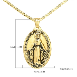 Vintage goldene Edelstahlkette mit ovalem Maria-Anhänger und Relief-Design