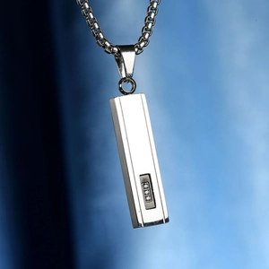 Men's titanium steel rectangle pendant necklace with three inset zircon stones on box chain