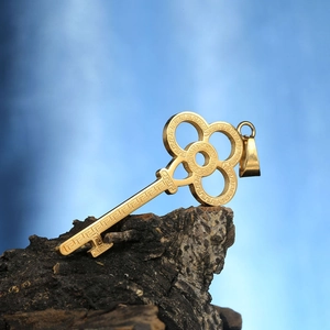 Polished gold key pendant with Greek key pattern resting on a textured tree bark background