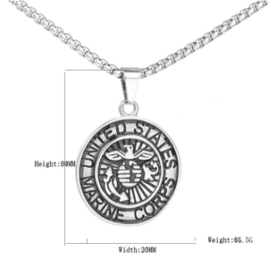 Vintage stainless steel US Marine Corps emblem pendant necklace with size markings