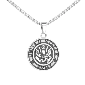 Silver stainless steel United States Army eagle medallion pendant necklace on box chain