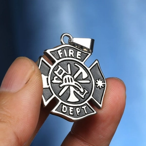 Stainless steel Fire Dept pendant with Maltese cross and firefighter symbols