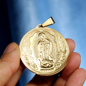Pendentif Vierge Marie vintage en acier inoxydable doré rond pour hommes et femmes