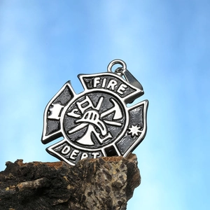 Stainless steel firefighter Maltese cross pendant necklace with Fire Dept emblem
