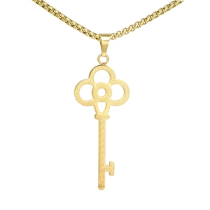 Exquisite gold-plated key pendant necklace with Greek key pattern and box chain design