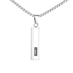 Polished titanium steel pillar pendant necklace with three inset zircon stones on box chain