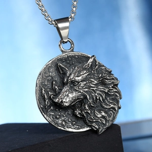 Nordic Viking wolf head embossed steel pendant necklace with vintage oxidized finish