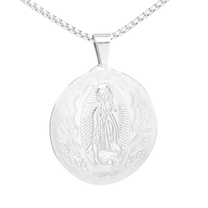 Collier vintage en acier inoxydable argenté avec pendentif relief de la Vierge Marie