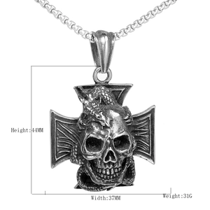 Gothic punk silver skull and dragon cross pendant necklace with 44mm height and 37mm width