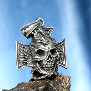 Gothic punk style skull and dragon wrap cross pendant in vintage oxidized metal finish
