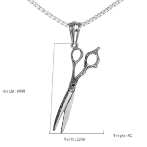 Barber scissors pendant necklace in vintage stainless steel with size dimensions