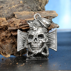 Gothic punk style skull cross pendant necklace in vintage silver finish with dragon detail