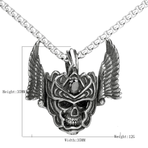 Vintage stainless steel eagle skull pendant necklace with black gemstone and box chain