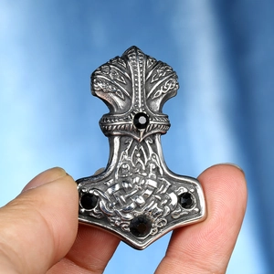Retro Stainless Steel Thor's Hammer Angel Wings Pendant Necklace Men Hip Hop Viking Mjolnir Black Rhinestone Inlaid Jewelry