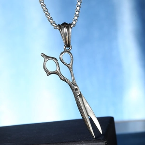 Barber scissors pendant in retro titanium steel on a durable square pearl chain necklace