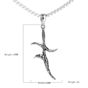 Hip hop vintage silver dagger pendant necklace with intricate carved texture and box chain