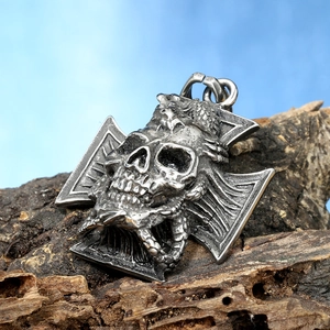 Gothic punk silver skull and dragon cross pendant necklace charm on wood