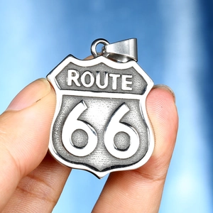 Pendentif Route 66 style hip-hop en acier inoxydable argenté vieilli pour hommes et femmes