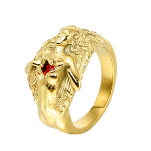 Bague Masque Hip Hop Vintage pour Hommes Femmes en Acier Inoxydable avec Portrait d'Ange Sculpté et Strass Rouge Plaqué Or Bijoux de Mode Bague