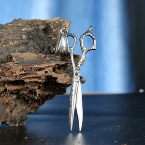 Unique scissors pendant necklace with wood texture handle for hairstylists and barbers