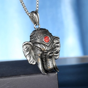 Retro elephant Ganesha pendant in oxidized stainless steel with red gemstone and box chain