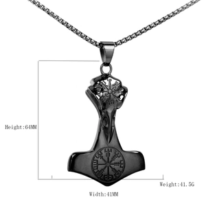 Collana vichinga martello di Thor nero lucido con incisione bussola Vegvísir da uomo