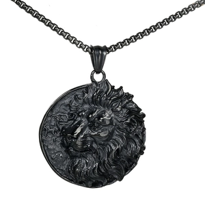 Vintage Stainless Steel Lion Head Round Tag Pendant For Men Embossed Relief Lion Charm Gold Black Neck Jewelry Without Chain