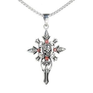 Vintage Gothic Edelstahl Totenkopf Kreuz Anhänger Halskette Für Herren Rote Zirkonia Eingelegt Punk Dark Style Schmuck